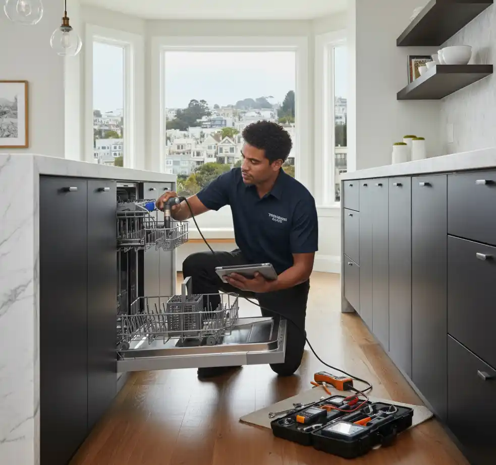 A technician is servicing or installing a thermador brand dishwasher in San Francisco house