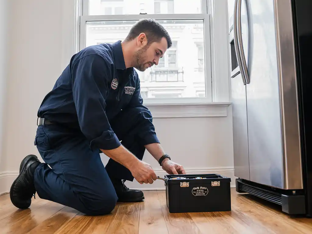 A technician is going to repair a Thermador brand refrigerator in San Francisco home. There is a toolbox beside him that indicates a professional repair service.