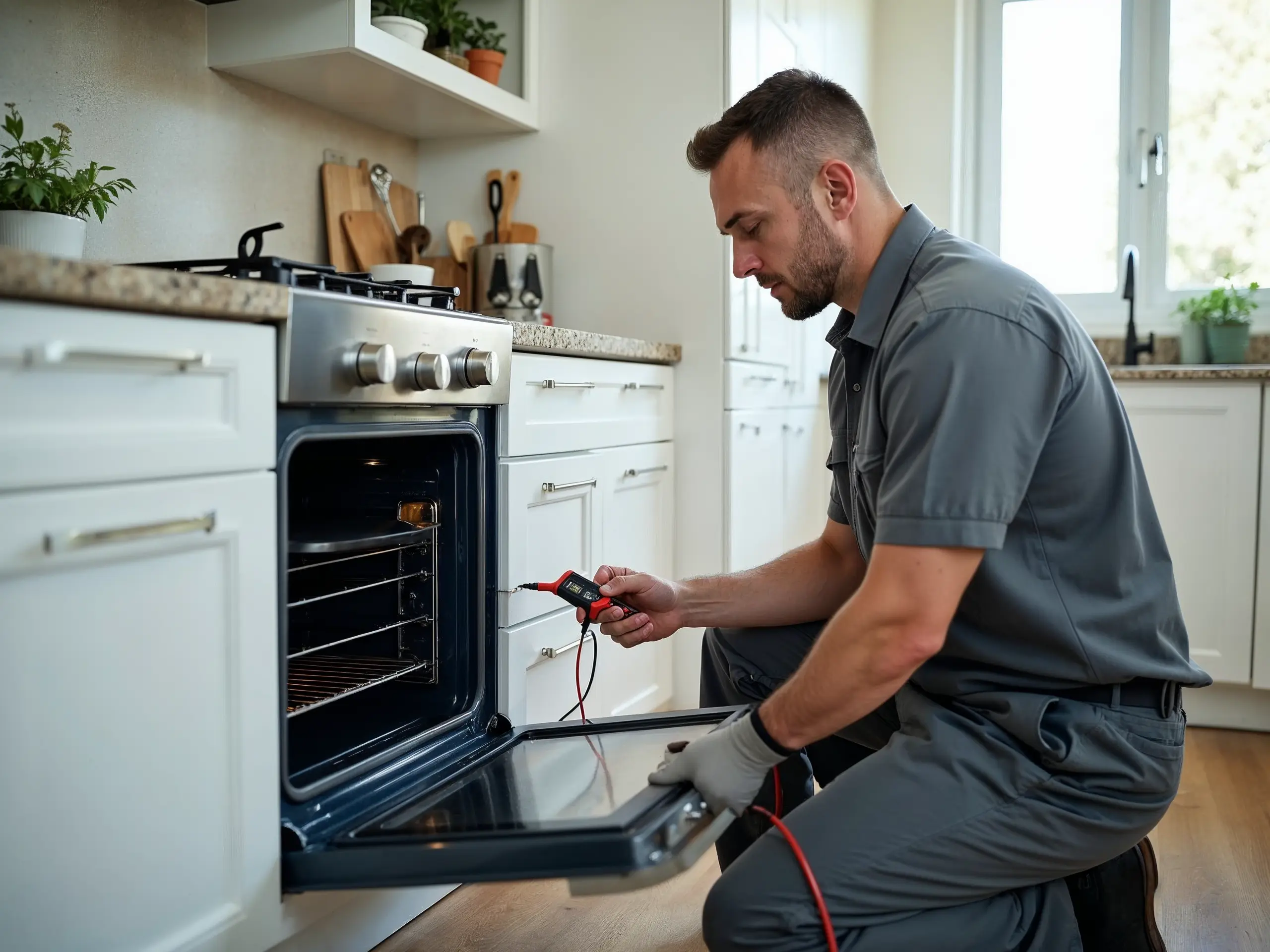 An appliance technician servicing a range from thermador brand in a residential kitchen in San Francisco. The technician is using a multimeter, a tool used to measure electrical properties, to diagnose a potential issue with the appliance.
