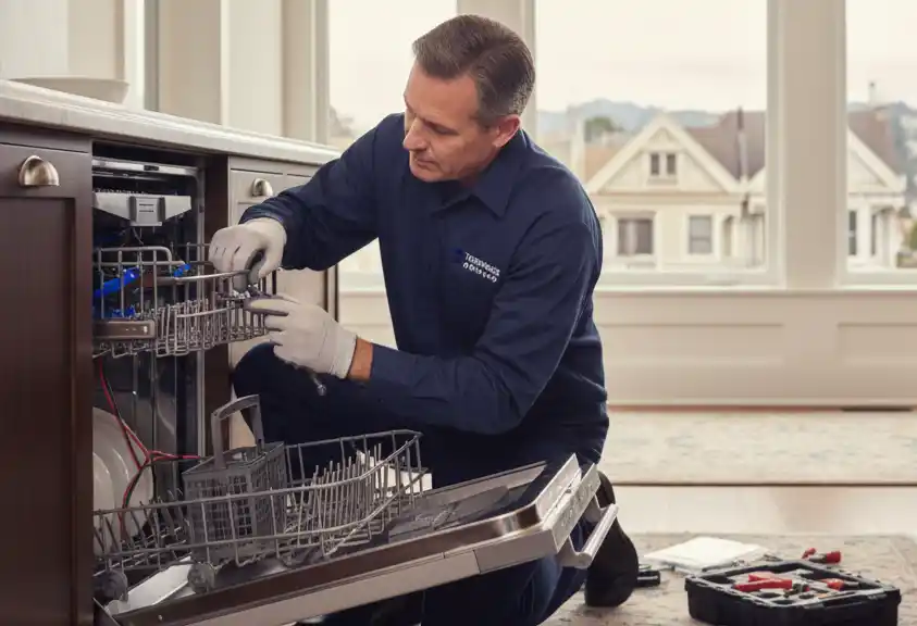 A technician repairing a Thermador brand dishwasher in San Francisco resident.