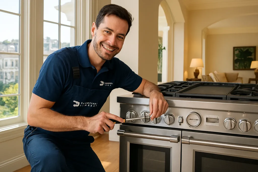 A technician from Thermador repair SF is inspecting a Thermador Pro Grand dual-fuel range in San Francisco home.