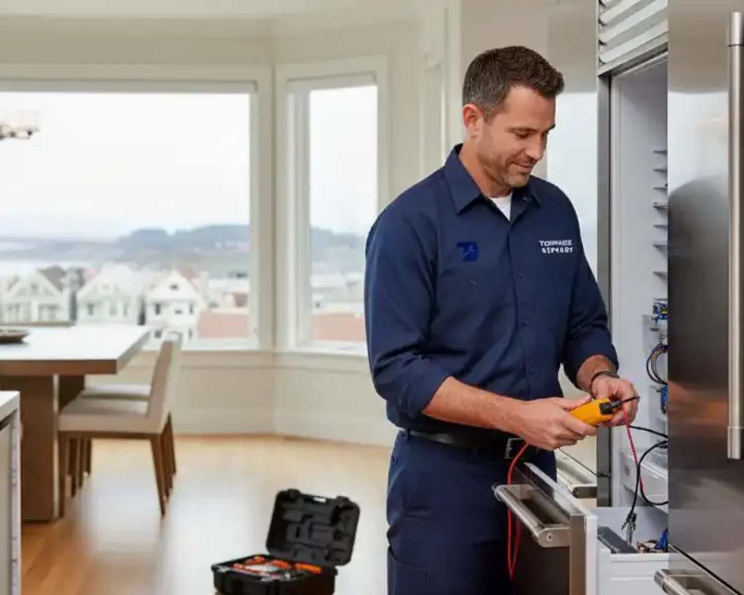 A technician wearing a blue uniform and holding a multimeter, a tool used to measure electrical properties. The technician is performing maintenance or repair on a Thermador brand refrigerator.